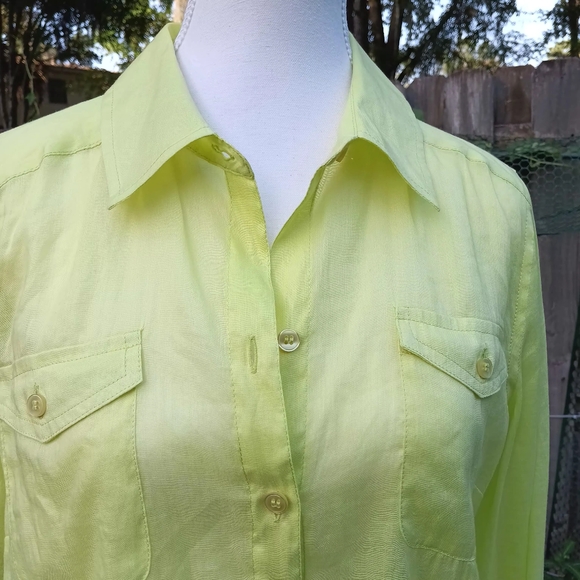 Chico's Size 1 Lemon Green Women Roll Up Sleeves  Ramie Linen&Cotton Blend Shirt - Picture 4 of 16